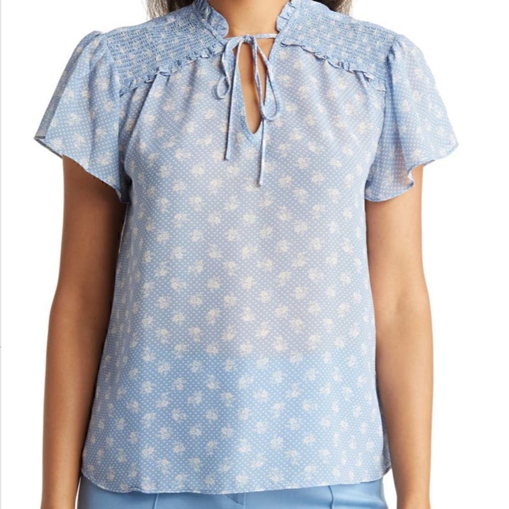 Everleigh Smocked Tie Front Floral Polka Dot Top Light Blue S